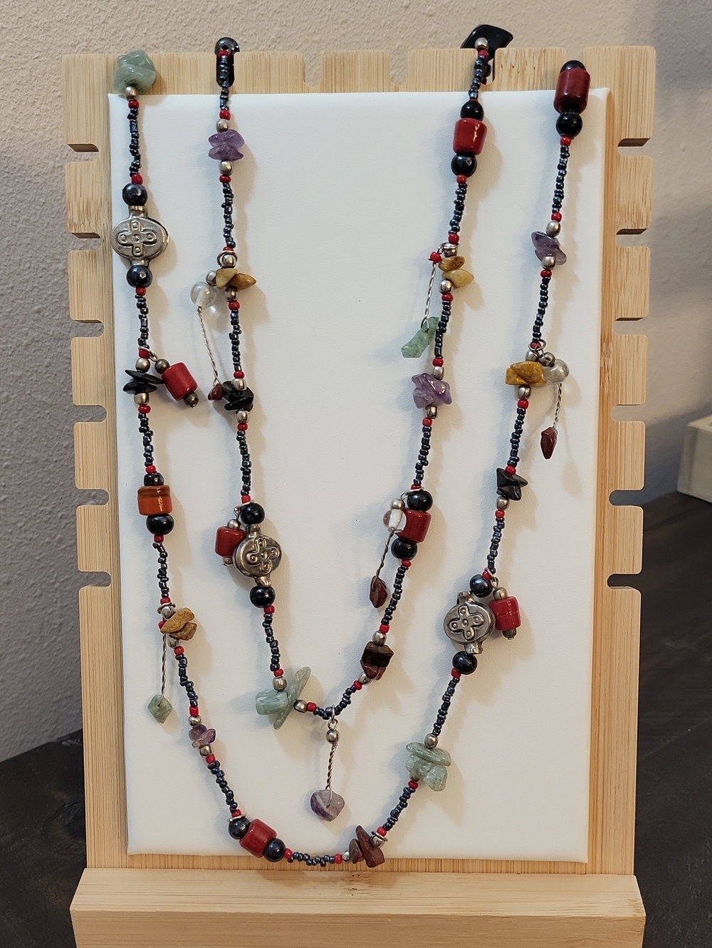 Vintage Multi Stone Long Beaded Necklace , Red Coral Jasper Serpentine